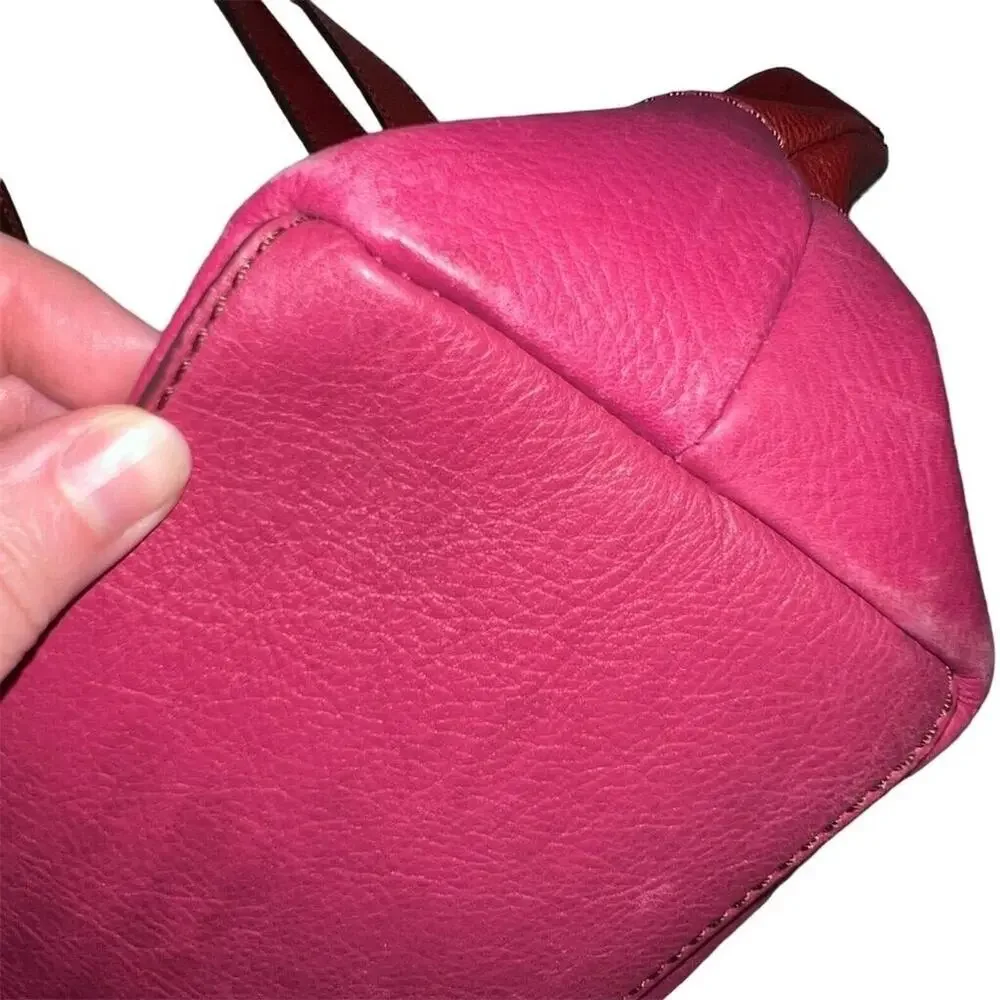 Fossil Hunter Leather Tote Bag Pink Red Zip Closure Key Charm Silver Hardware